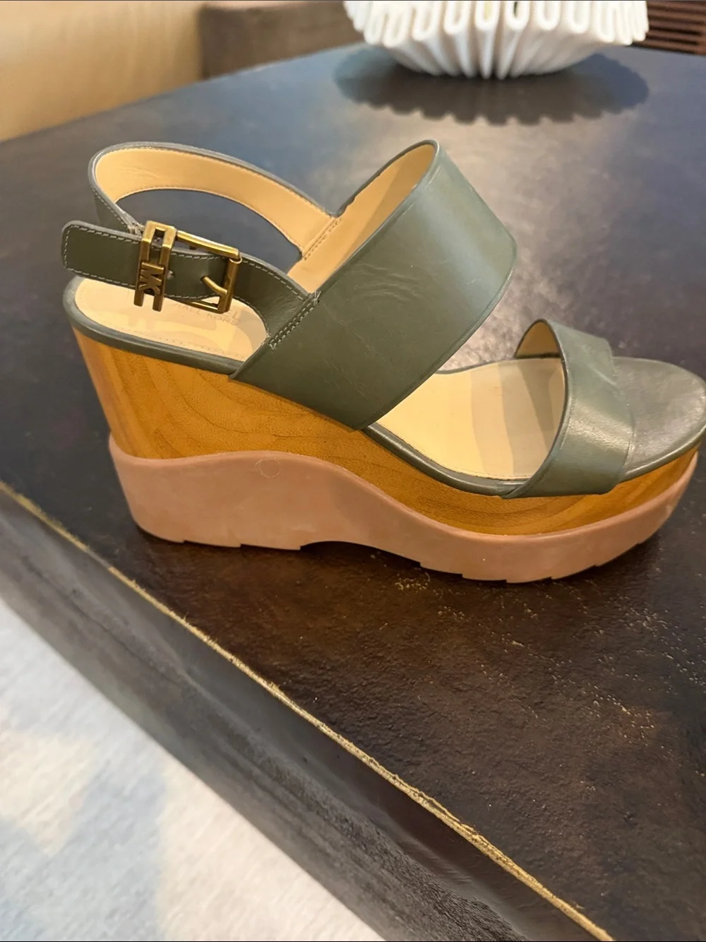 MICHAEL Michael Kors Olive Green Leather Platform Wedge Sandals